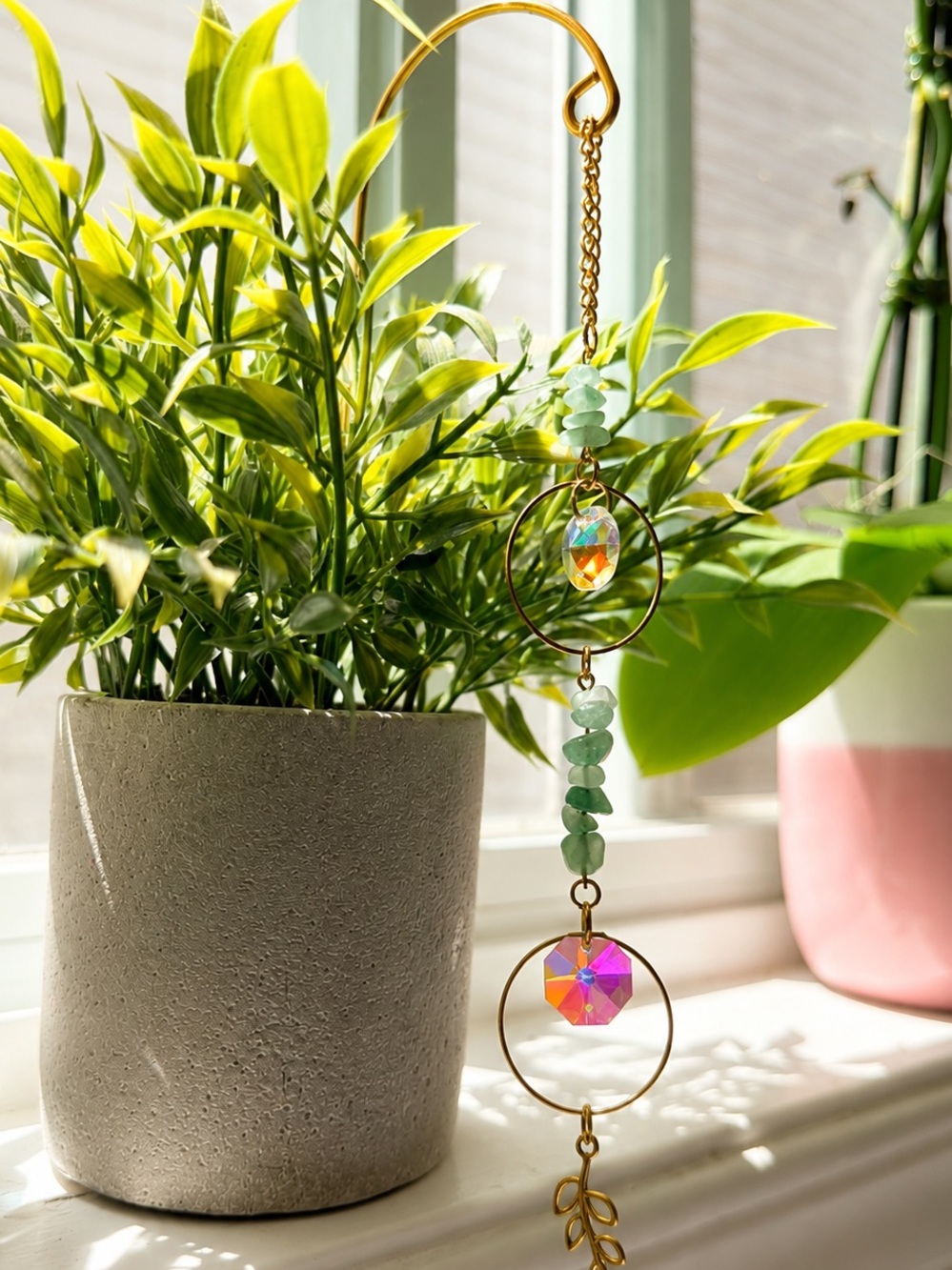 Gold Crystal and Green Bead Hanging Suncatcher — planter decor